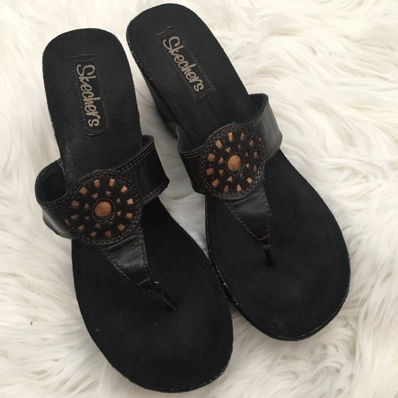 Skechers Shoes - Skechers Black and Gold Wedges Sandals Size 9.5